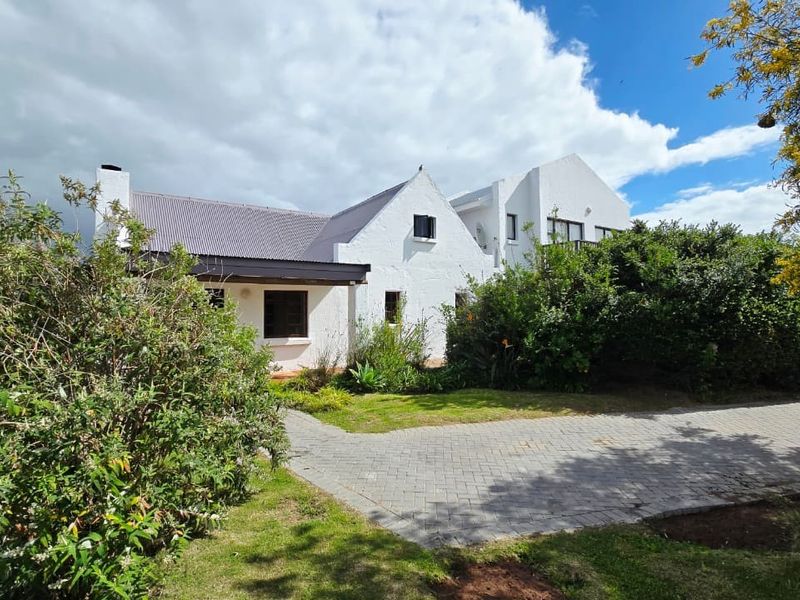 Front view of a white cottage-style house featuring a paved driveway, established garden, and a corrugated metal roof.
