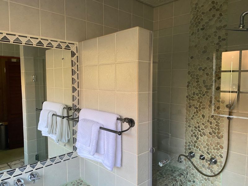 A modern bathroom featuring a walk-in shower with a rain shower head, pebble mosaic tile accents, and a large wall-mounted mirror.