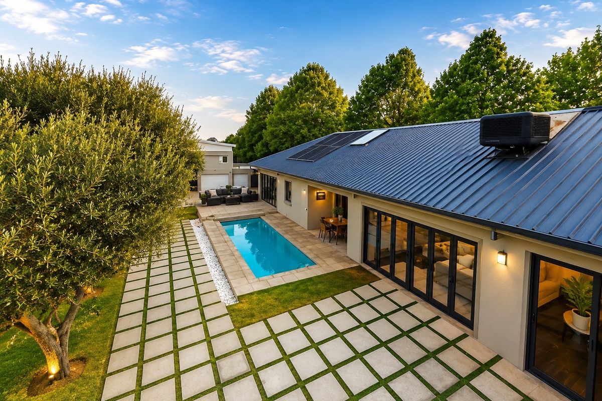 Rear exterior view featuring a modern swimming pool, paved patio area, and bi-fold doors leading into the home, set against a landscaped garden.