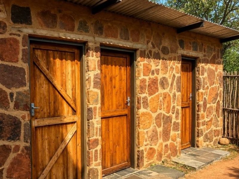 A rustic farm outbuilding featuring traditional stone masonry walls, timber doors, and a corrugated metal roof with slate paving.