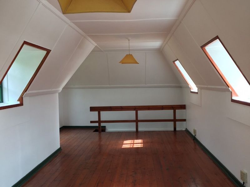 Spacious attic-style bedroom featuring polished timber flooring, sloped ceilings, and multiple skylight windows providing natural light.