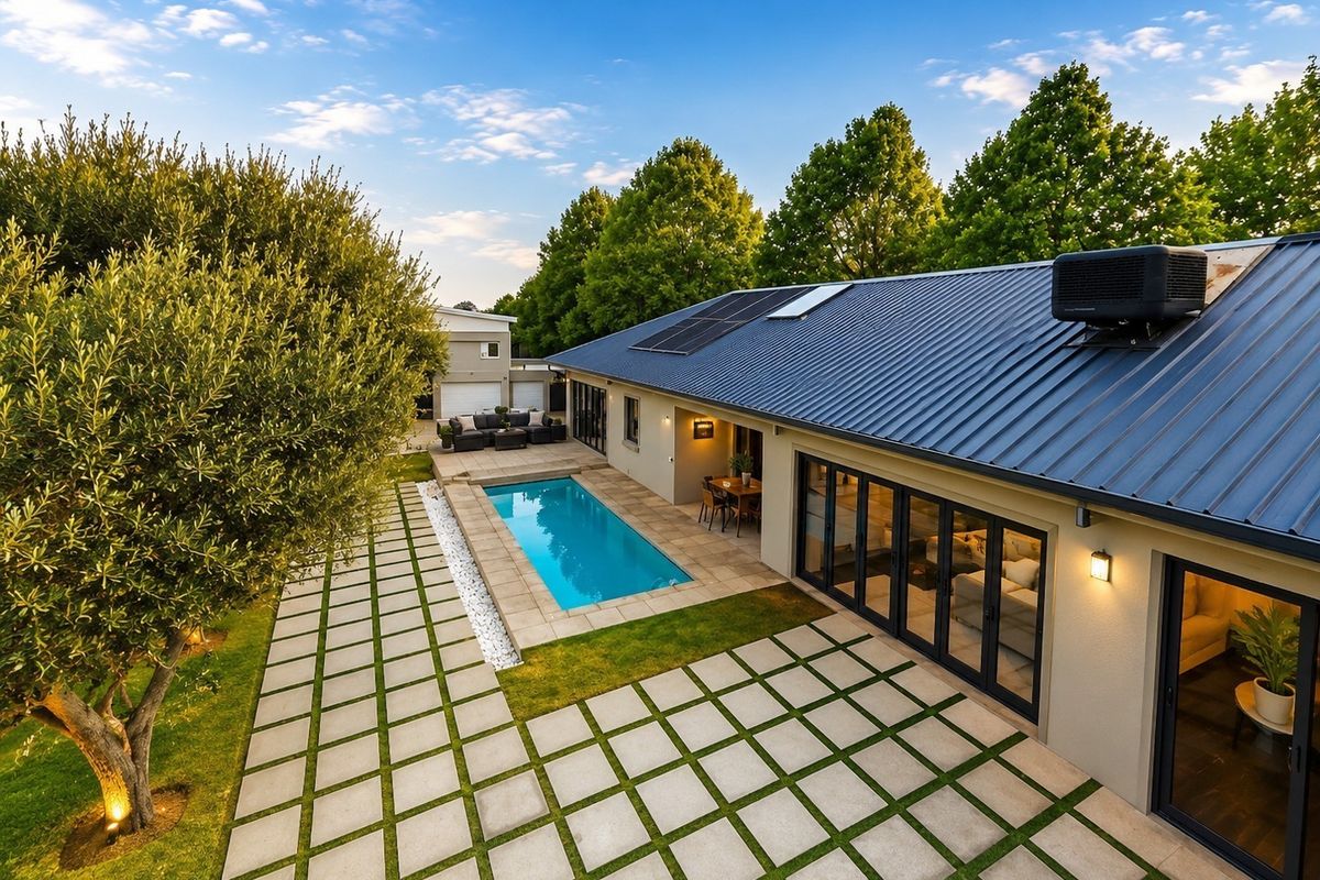 Rear exterior view featuring a swimming pool, paved patio area, bi-fold doors, and a modern metal roof with solar panels.