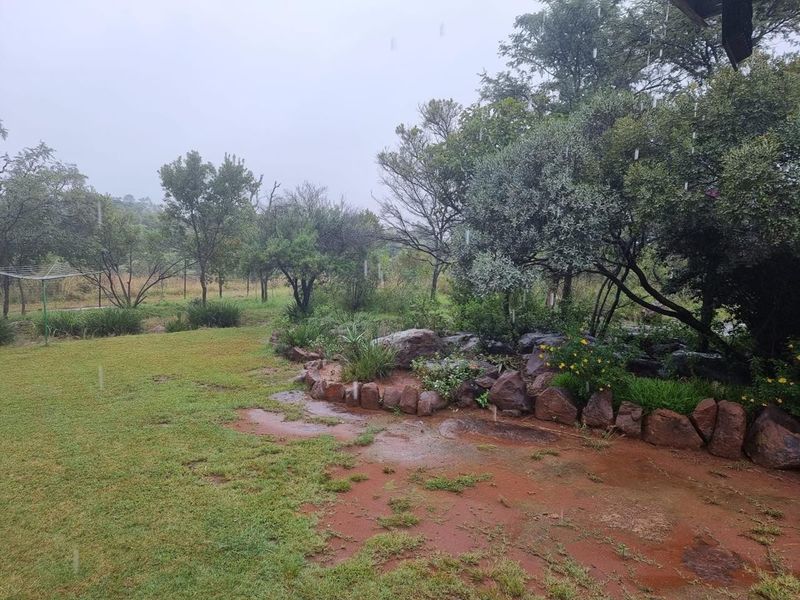 A lush, rain-swept farm garden featuring a natural rockery, established trees, and expansive lawn areas.