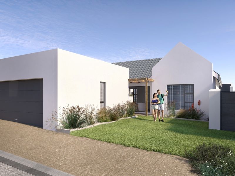 Modern front elevation featuring a clean white facade, integrated garage, metal roof, and a small landscaped garden with a timber pergola entrance.