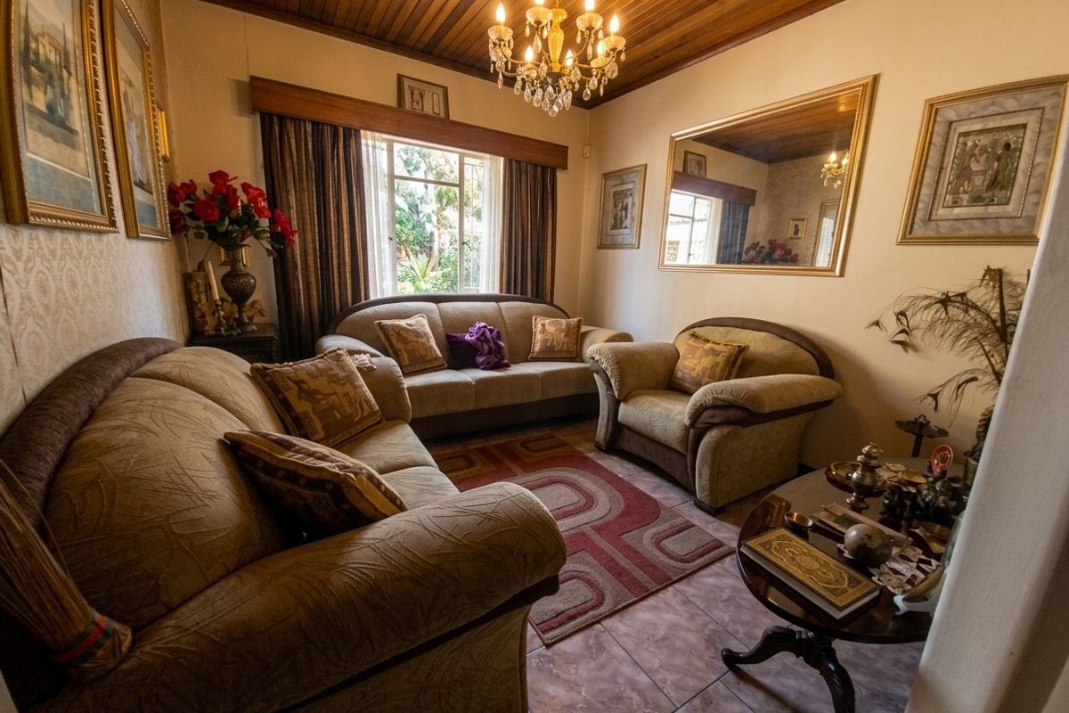 A cozy living room featuring a warm timber-clad ceiling, tiled flooring, and a classic chandelier, creating a traditional and inviting atmosphere.