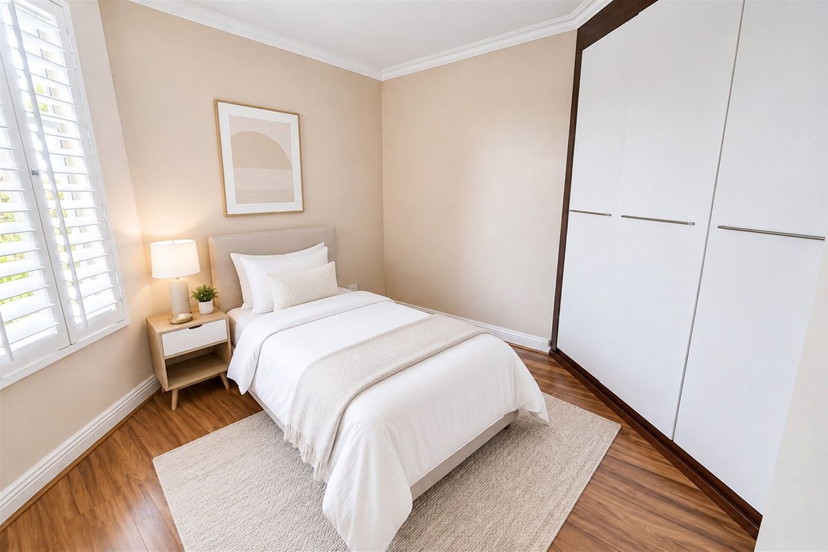 A well-maintained bedroom featuring timber flooring, plantation shutters, crown molding, and a large built-in wardrobe.