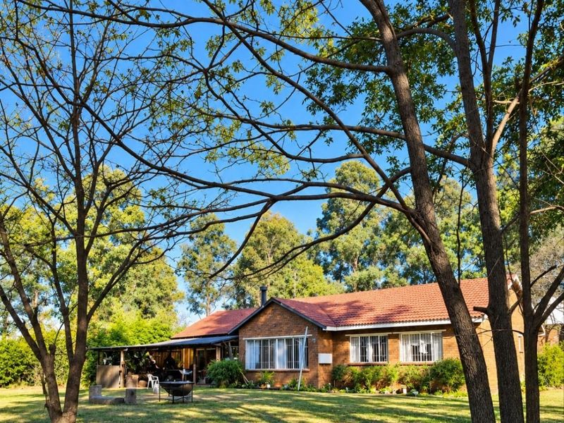 A view of the rear brick farmhouse elevation featuring a tiled roof, security bars on windows, and a covered patio area set within a garden.