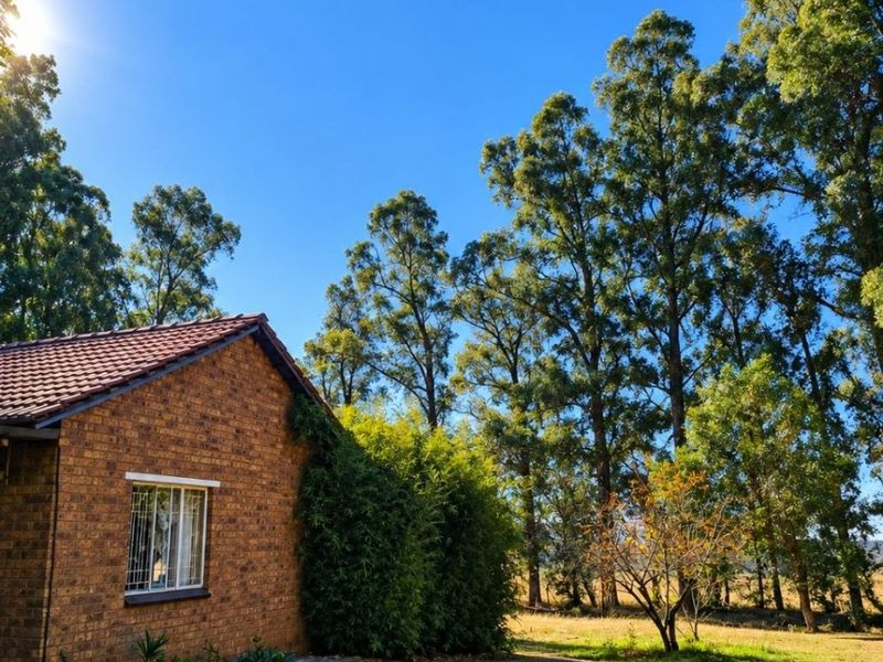 A view of the rear face brick exterior of the farm dwelling, featuring a tiled roof and established garden surroundings.