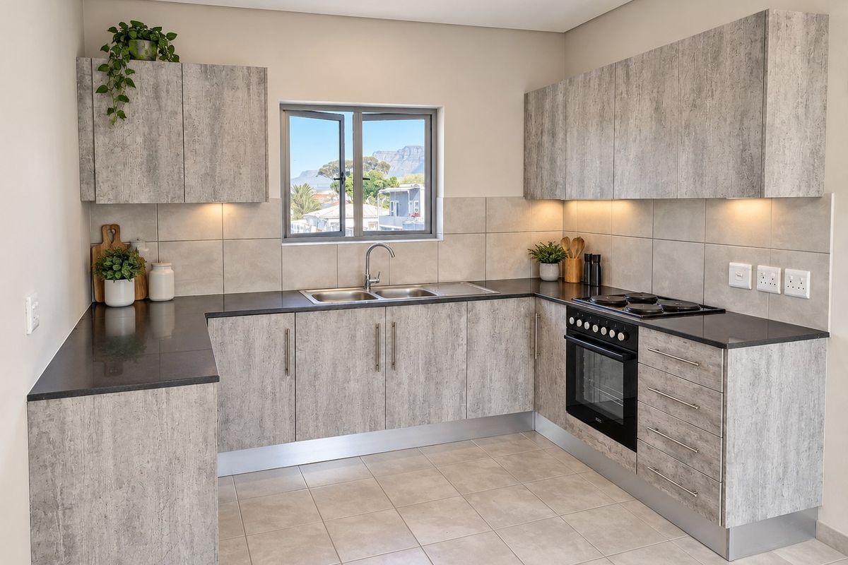 Modern kitchen featuring light wood-grain cabinetry, dark stone countertops, integrated electric oven and hob, and tiled backsplash with under-cabinet lighting.