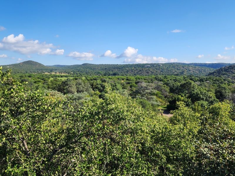 A scenic, elevated view overlooking a lush, green landscape with rolling hills and dense vegetation under a clear blue sky.