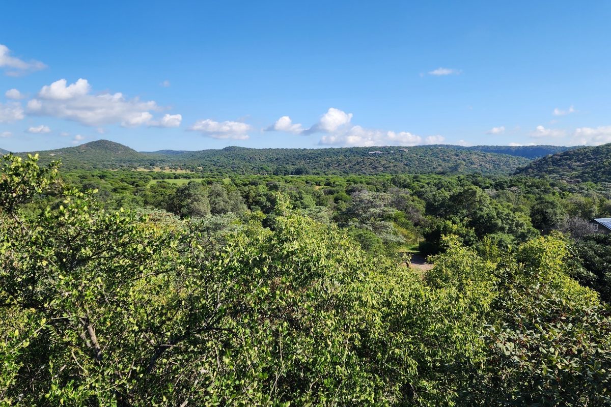 A scenic, elevated view overlooking a lush, green landscape with rolling hills and dense vegetation under a clear blue sky.