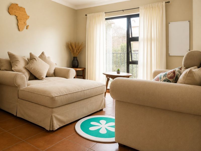A comfortable living room featuring terracotta floor tiles and a sliding door leading to a balcony, providing natural light and outdoor access.