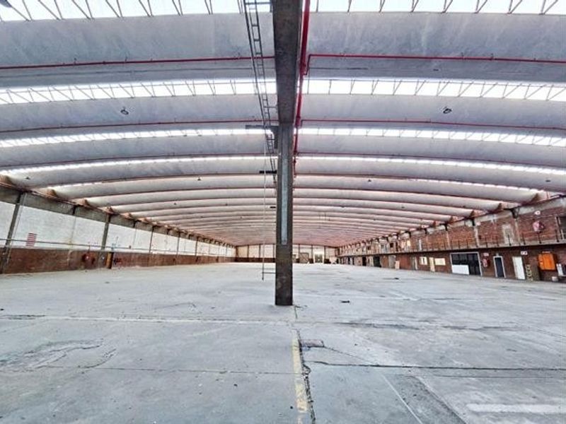 Expansive industrial warehouse space featuring high vaulted ceilings with integrated skylights, concrete flooring, and exposed structural brickwork, suitable for storage or manufacturing operations.