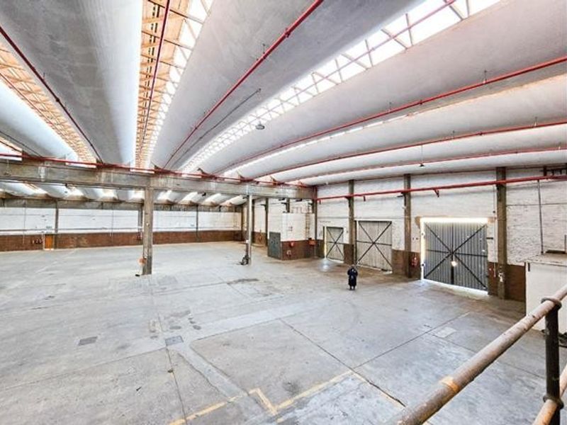 Expansive industrial warehouse space featuring high ceilings with skylights, exposed steel trusses, fire sprinkler system, and large sliding access doors.