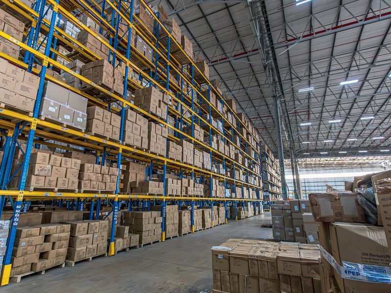 Large-scale industrial warehouse facility featuring extensive high-density steel racking systems, exposed structural roof trusses, and durable concrete flooring.