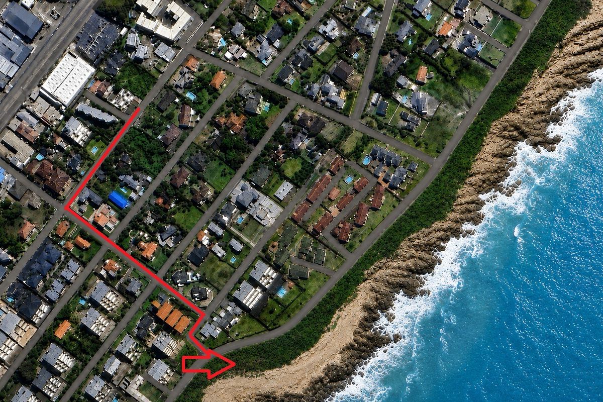 An aerial view showing the coastal residential neighborhood layout with a red line indicating the property location and access route.