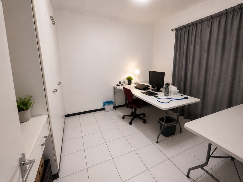 A functional home office featuring white tiled flooring, built-in wardrobe storage, and neutral wall finishes.