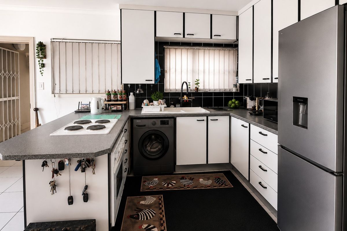 A functional kitchen featuring white cabinetry with black trim, dark laminate countertops, a built-in electric hob, and a tiled backsplash.