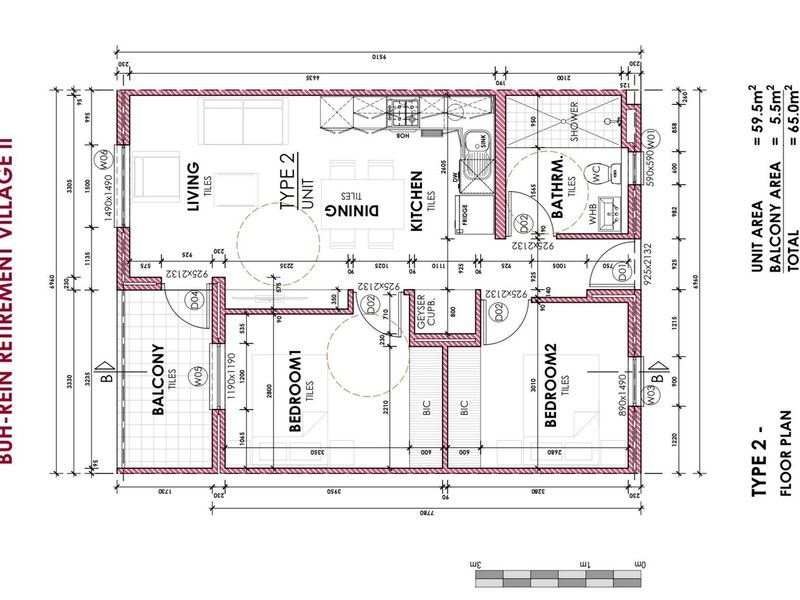 Architectural floor plan for a Type 2 retirement unit, featuring two bedrooms, a bathroom, open-plan living and dining area, kitchen, and balcony.