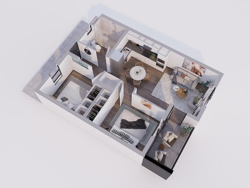 A 3D rendered floor plan showcasing an open-plan living area, kitchen, bedroom with walk-in closet, bathroom, and a private balcony.