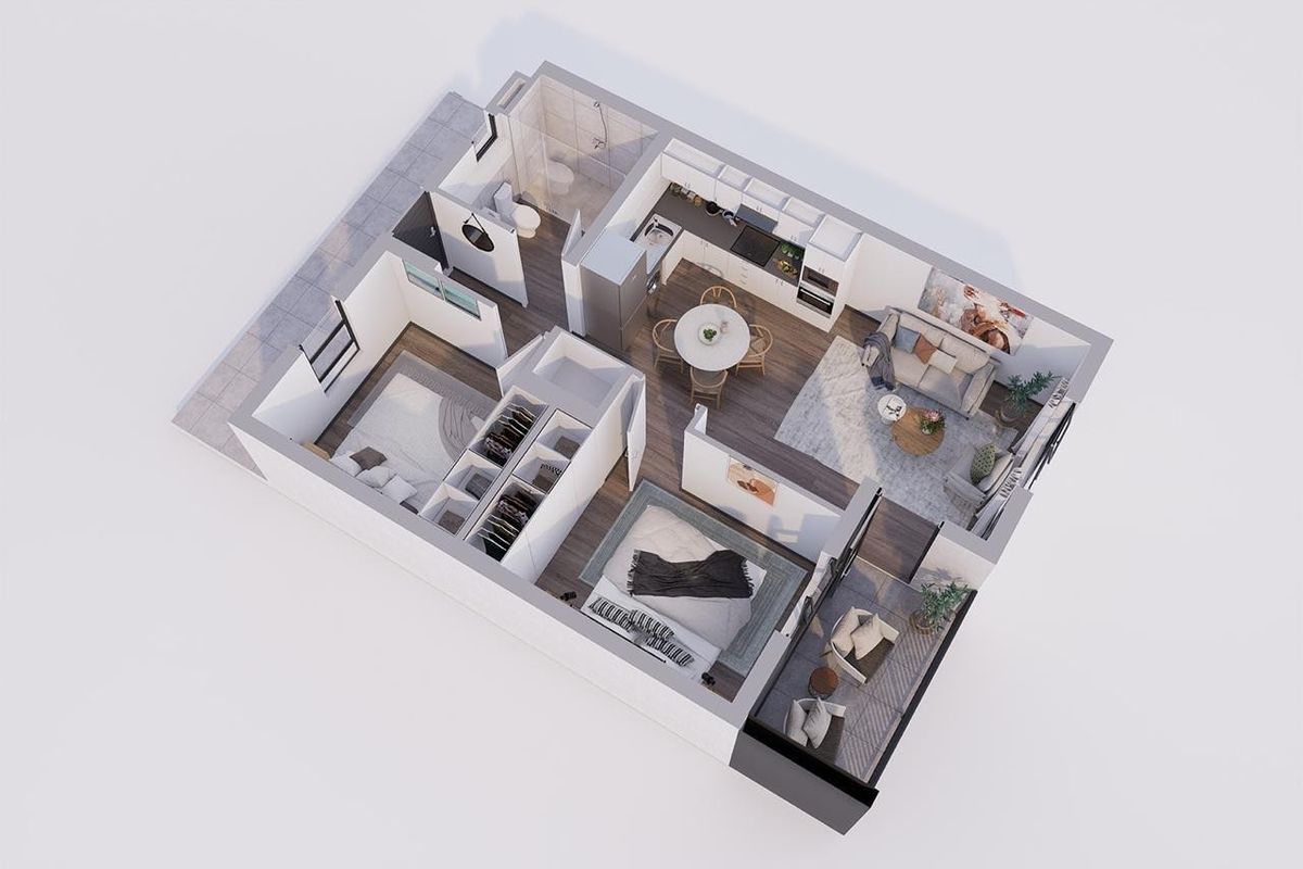 A 3D rendered floor plan showcasing an open-plan living area, kitchen, bedroom with walk-in closet, bathroom, and a private balcony.