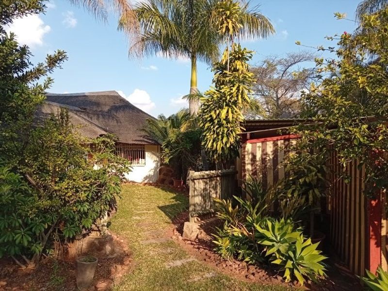 A view of the rear garden area featuring a thatched roof dwelling, established landscaping, and a stone pathway leading towards the property.