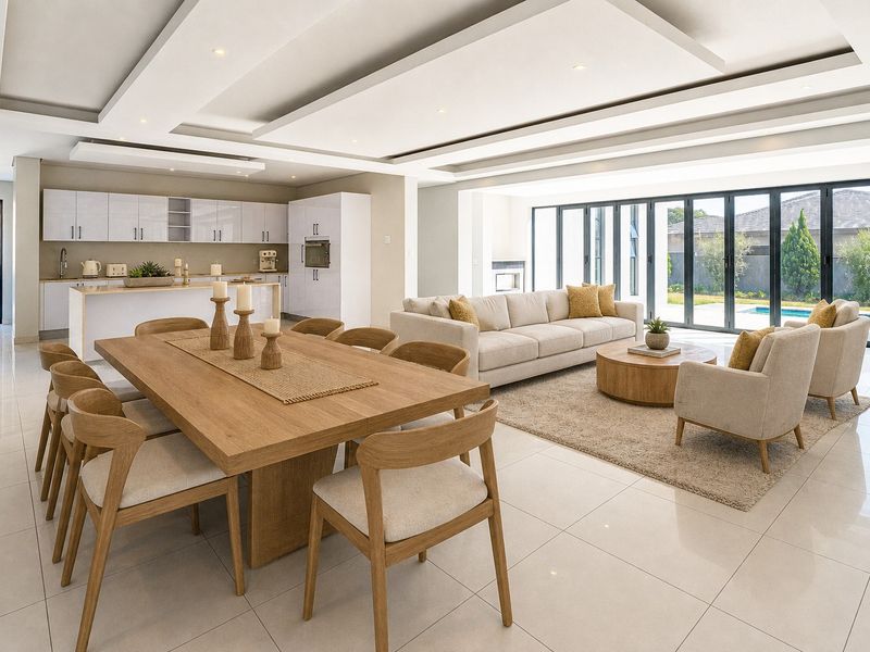 Spacious open-plan living, dining, and kitchen area featuring modern cabinetry, recessed ceiling details, and large bi-fold doors opening to the pool area.