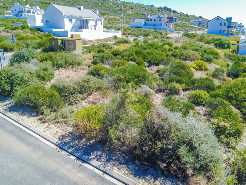 An elevated view of a vacant residential plot featuring natural coastal vegetation, adjacent to a paved road and established residential properties.