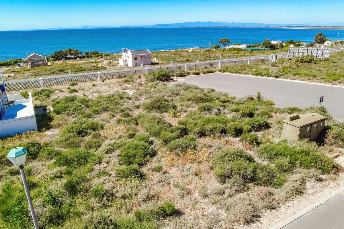 Aerial view of a vacant residential plot featuring native vegetation, adjacent paved road, and coastal ocean views.