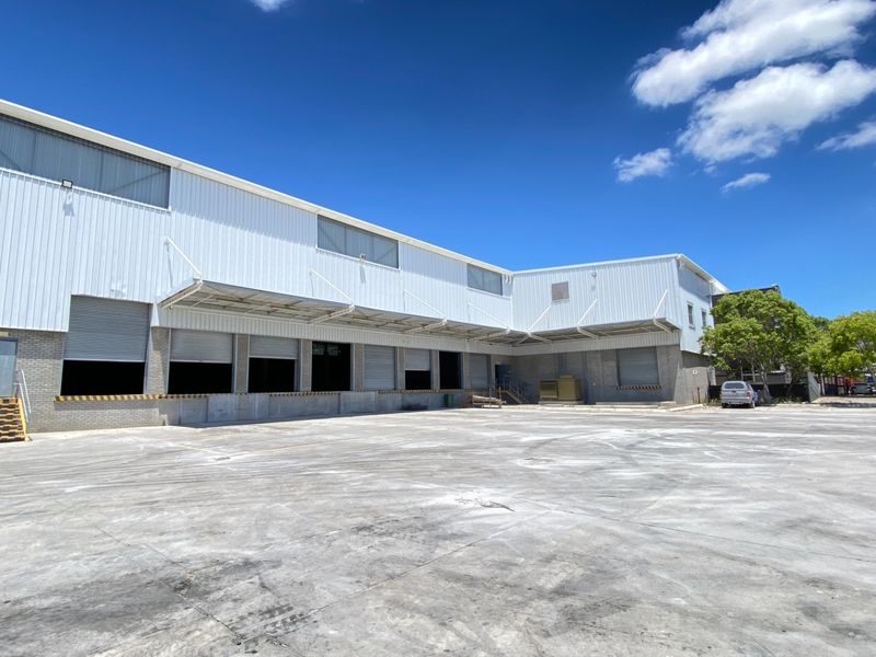 Industrial warehouse exterior featuring a large concrete loading yard, multiple roller shutter doors, and metal cladding with overhead canopy protection.