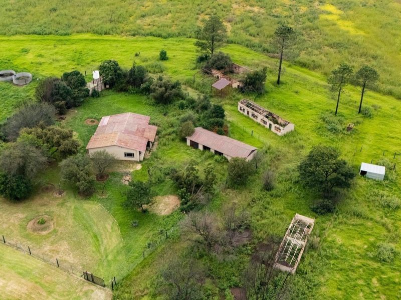 Aerial view of a farm property featuring a main dwelling and several dilapidated outbuildings set within expansive, overgrown rural grounds.
