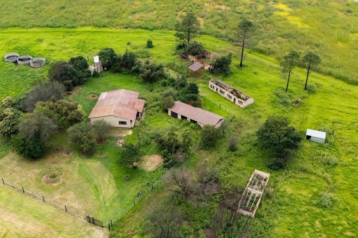 Aerial view of a farm property featuring a main dwelling and several dilapidated outbuildings set within expansive, overgrown rural grounds.