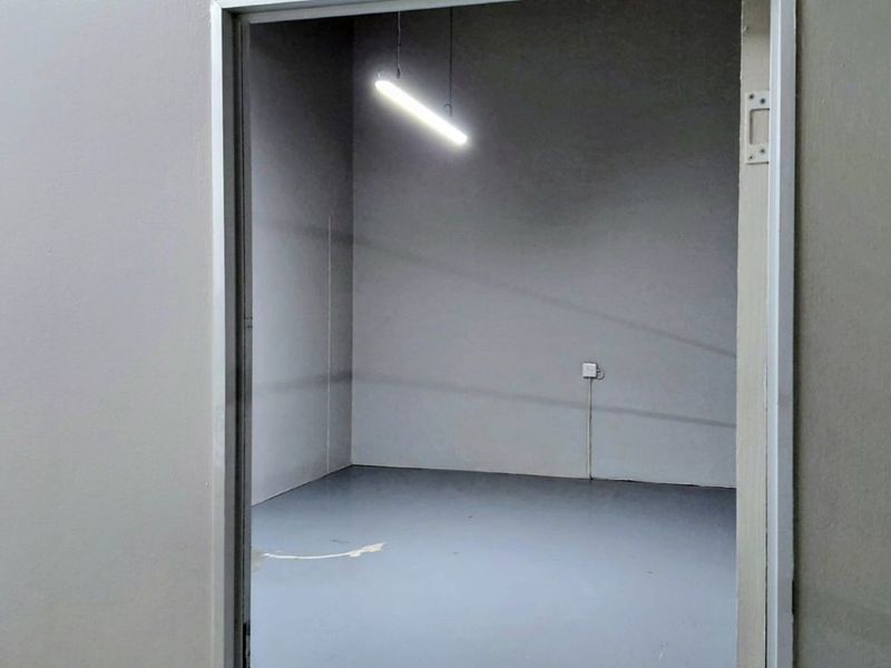 A clean, empty utility or storage space featuring painted concrete flooring, a single overhead light fixture, and a wall-mounted electrical outlet.