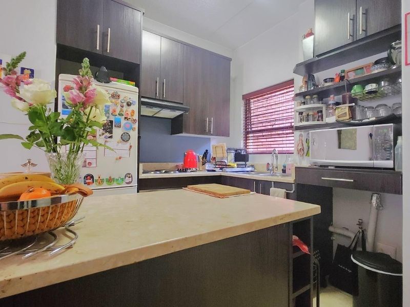Compact kitchen featuring dark wood cabinetry, laminate countertops, built-in shelving, and a functional layout with an integrated sink and extractor fan.