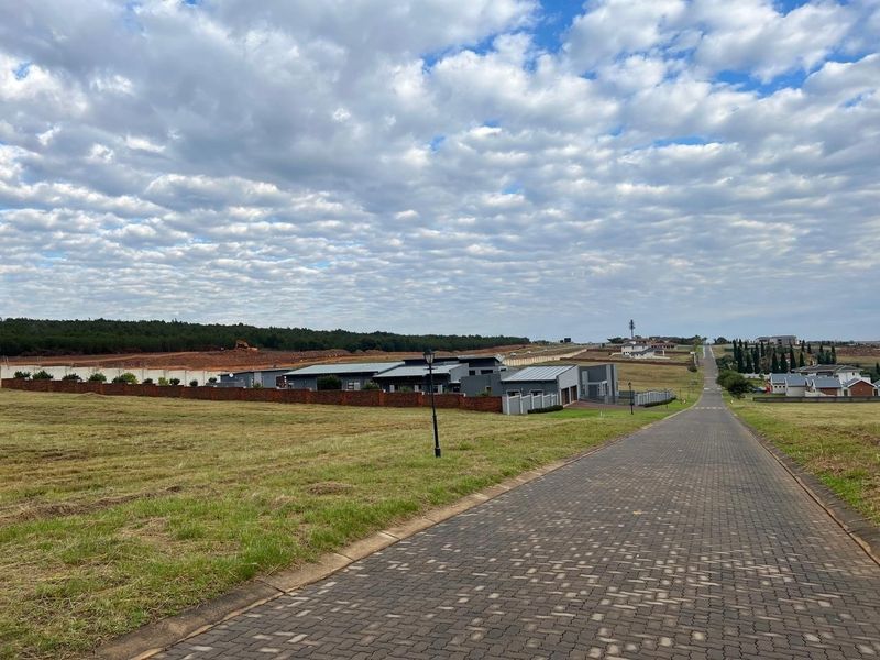 A view of a paved residential street leading through a developing estate with established boundary walls and surrounding landscape.