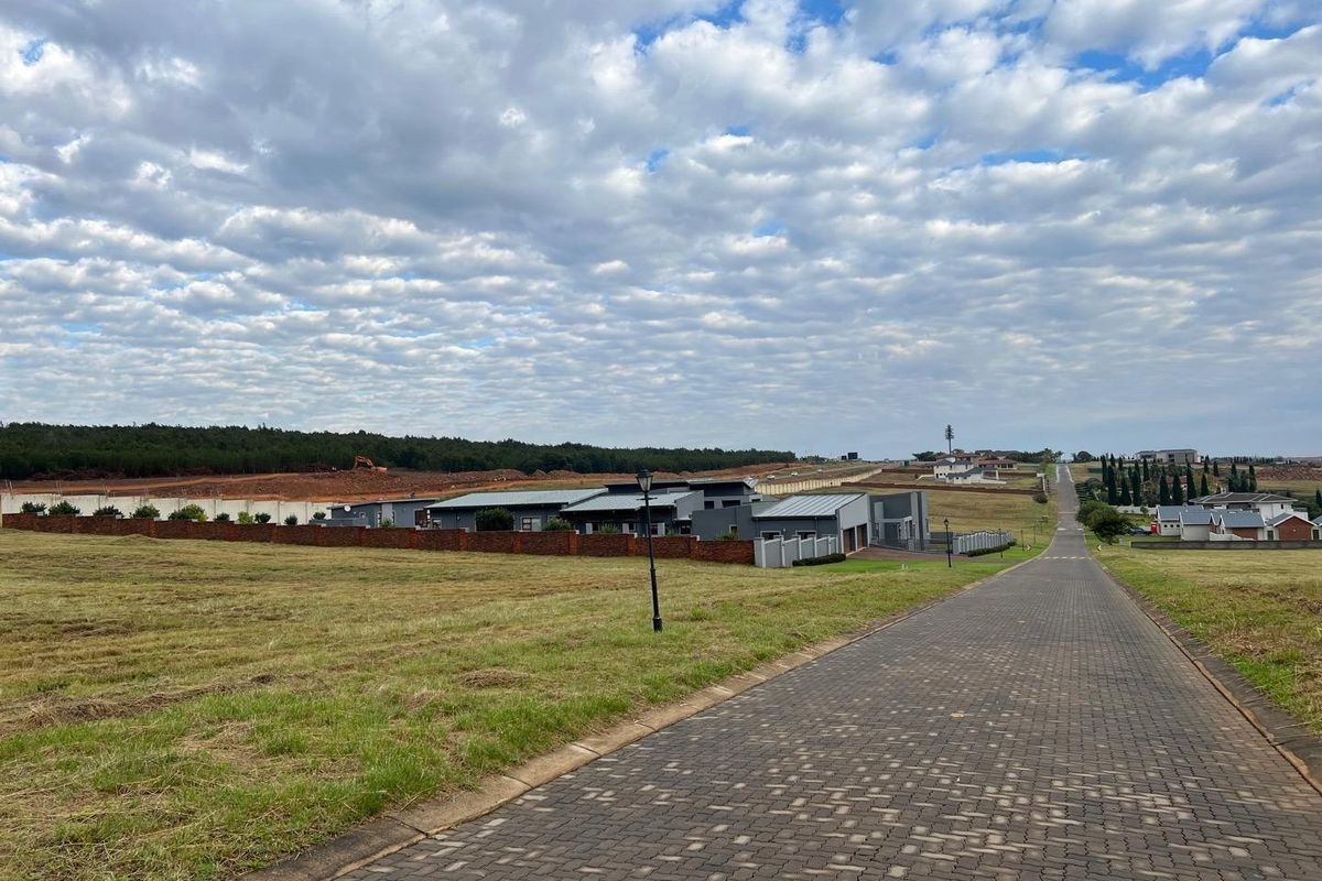 A view of a paved residential street leading through a developing estate with established boundary walls and surrounding landscape.