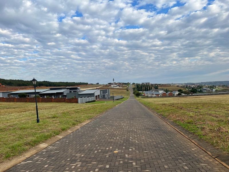 A view of a paved residential street within a development, featuring surrounding vacant land and established neighboring properties under a cloudy sky.