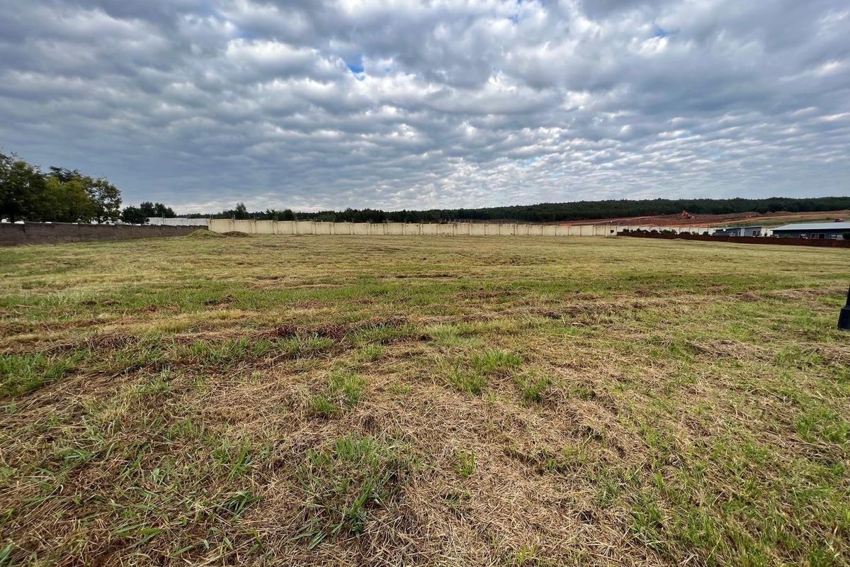 A wide-angle view of a vacant residential plot featuring open grass terrain and a perimeter boundary wall.