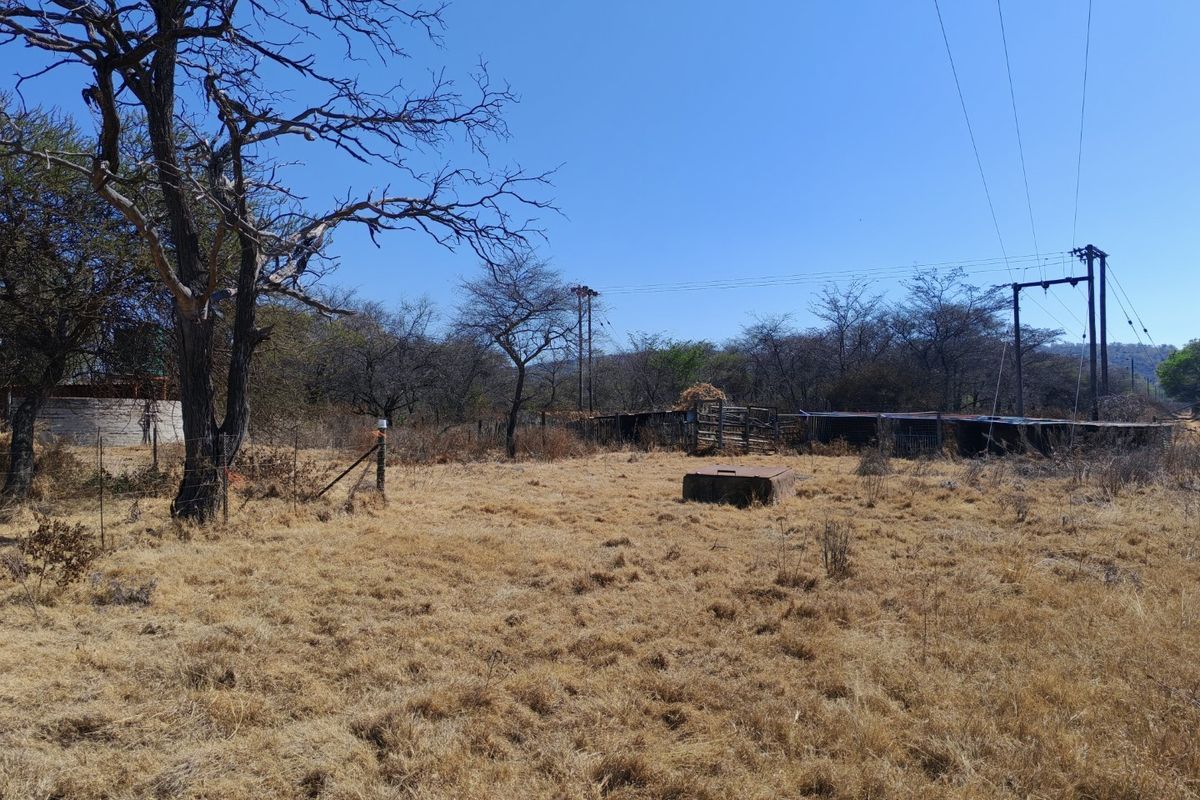 A view of the vacant residential land featuring dry grass, mature trees, wire fencing, and visible overhead power lines.