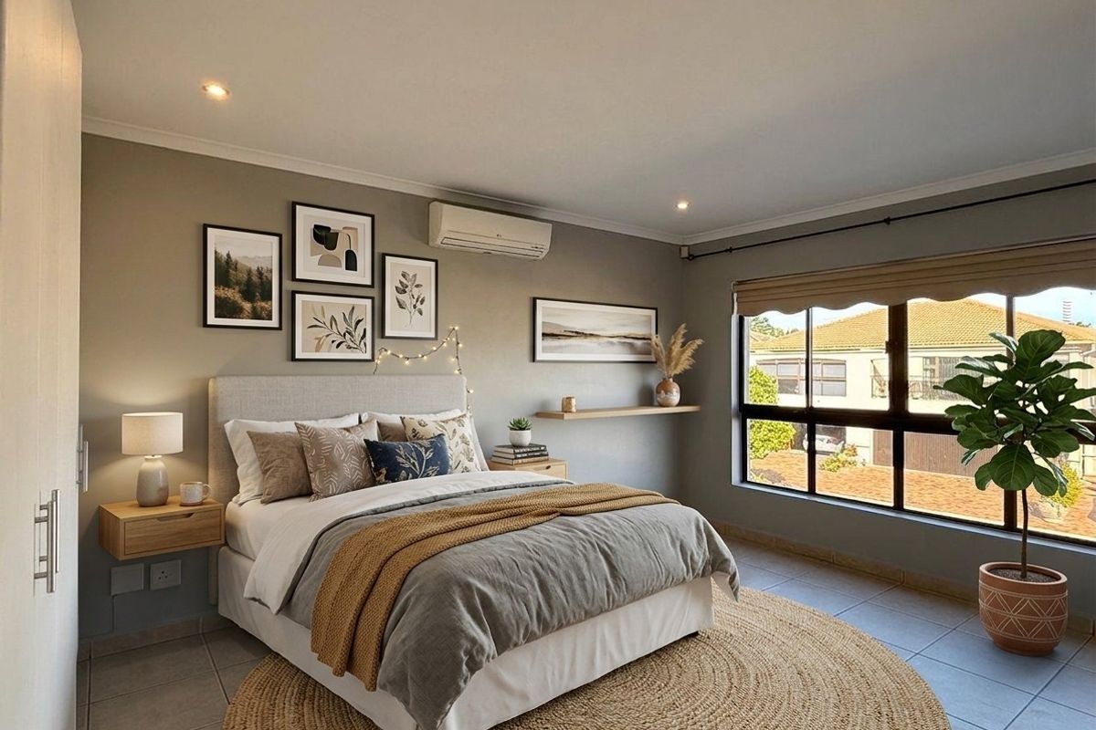 A well-maintained bedroom featuring tiled flooring, recessed downlighting, a split-system air conditioner, and a built-in cupboard with a neutral color palette.