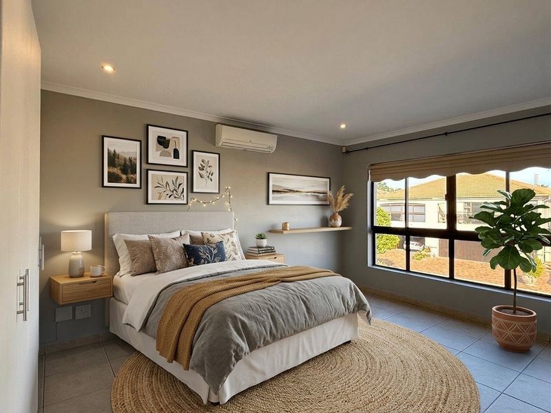 A well-maintained bedroom featuring tiled flooring, recessed downlighting, a split-system air conditioner, and a built-in cupboard with a neutral color palette.