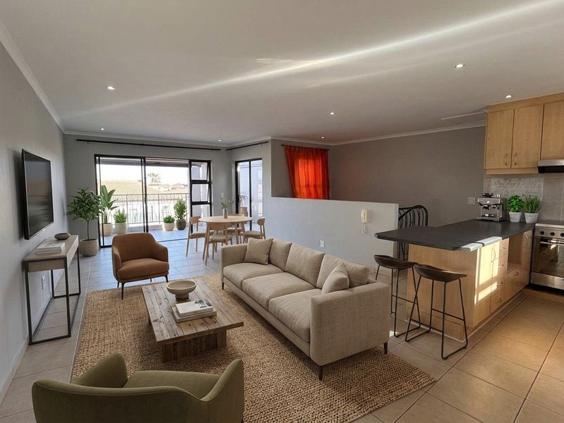 Spacious open-plan living area featuring a modern kitchen with stone countertops, integrated appliances, and seamless flow to a private balcony.