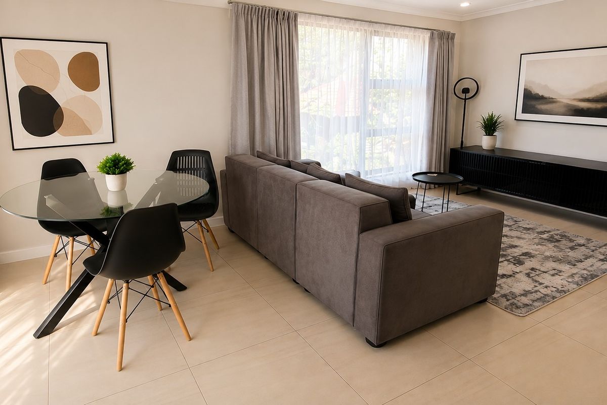 A bright and modern open-plan living and dining area featuring neutral tiled flooring, recessed lighting, and large sliding glass doors with curtain treatments.