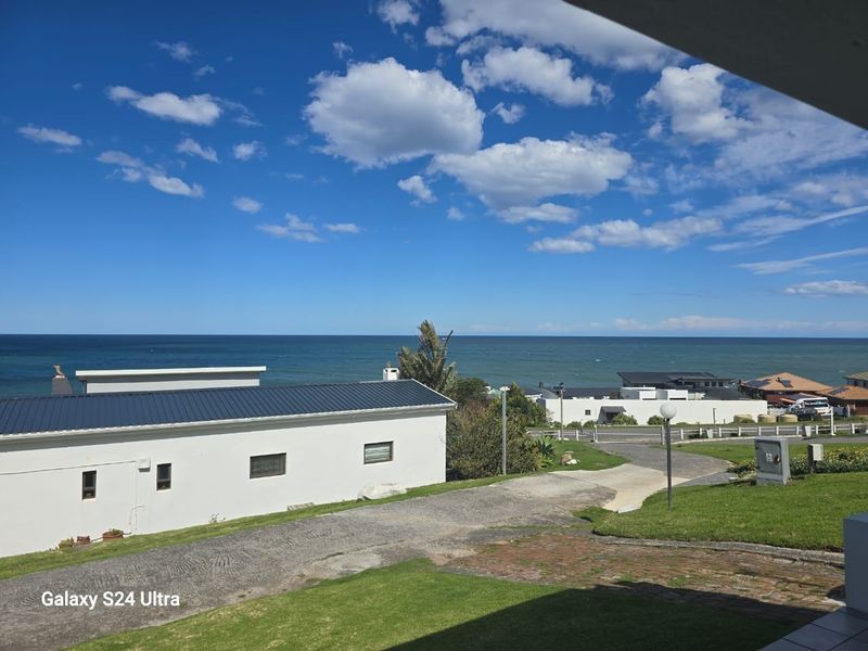 A scenic elevated view overlooking the coastline, featuring a well-maintained lawn, paved driveway, and neighboring residential properties under a clear blue sky.