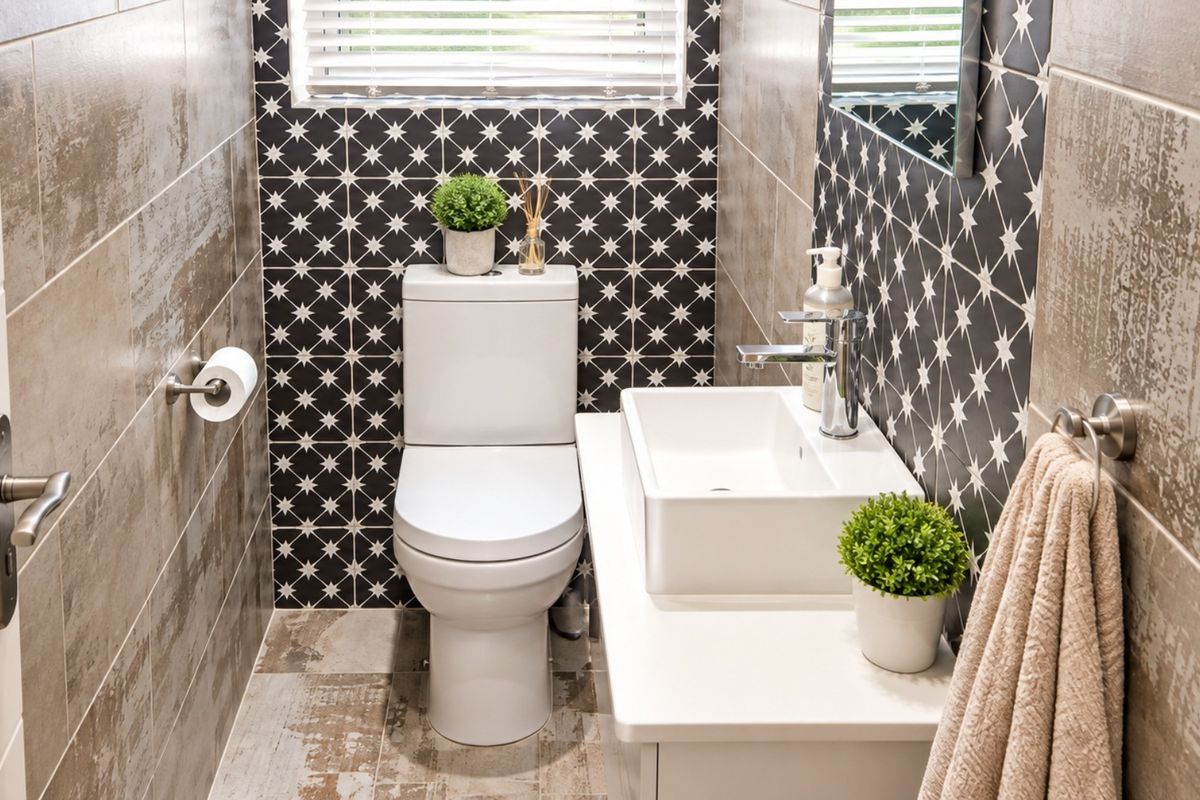A modern, compact bathroom featuring patterned feature wall tiles, a sleek vessel sink with chrome faucet, and a contemporary toilet.