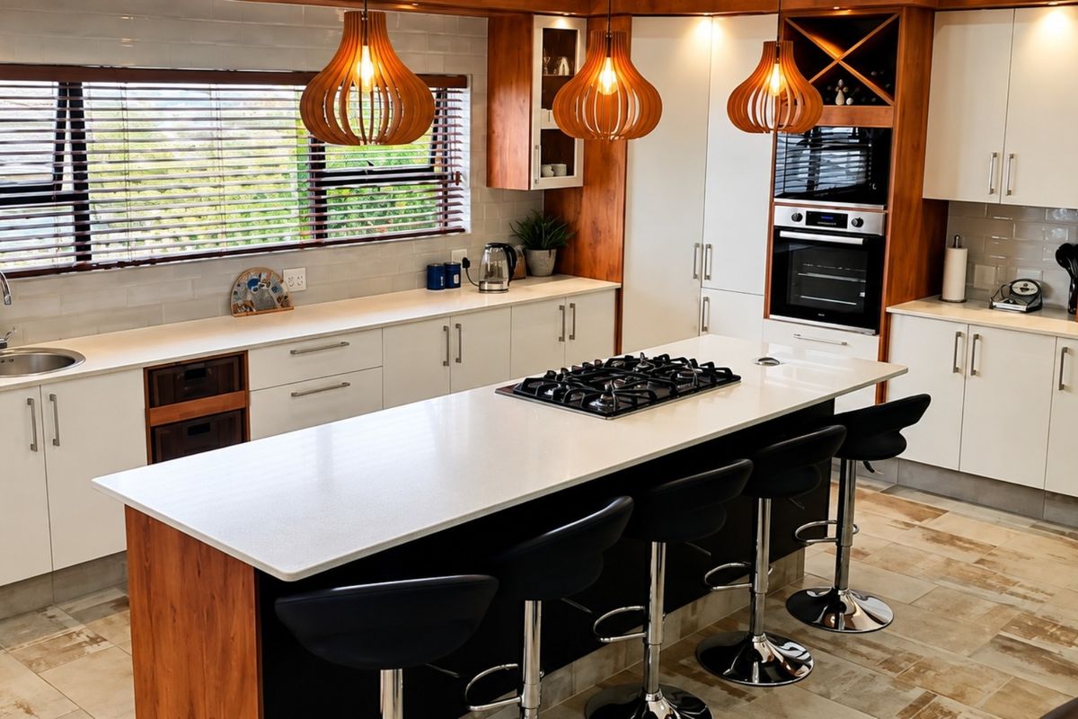 Modern kitchen featuring a central island with gas cooktop, built-in oven, ample cabinetry, and high-quality finishes throughout.