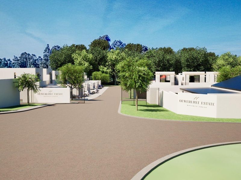 A digital rendering of the entrance and street view for the Oewerlust Estate townhouse development.
