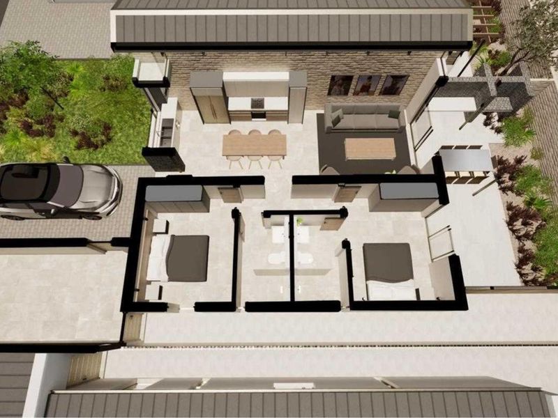A 3D architectural floor plan showing the layout of a townhouse, including the kitchen, living area, bedrooms, garage, and surrounding garden space.