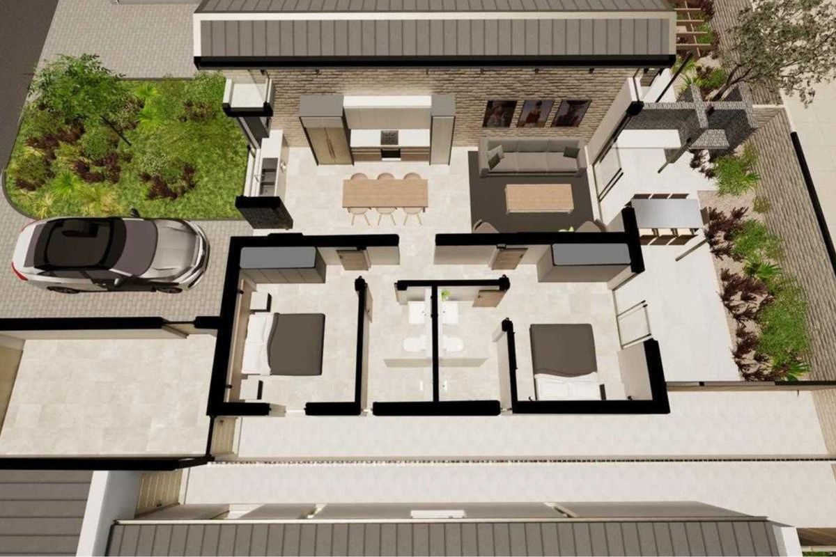 A 3D architectural floor plan showing the layout of a townhouse, including the kitchen, living area, bedrooms, garage, and surrounding garden space.