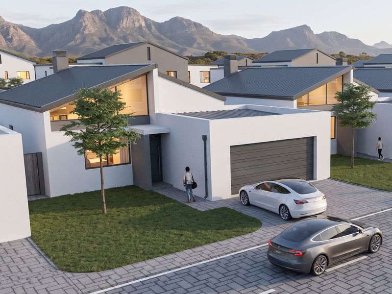 Modern townhouse exterior featuring a pitched roof, integrated garage, and paved driveway with mountain views in a contemporary residential estate.